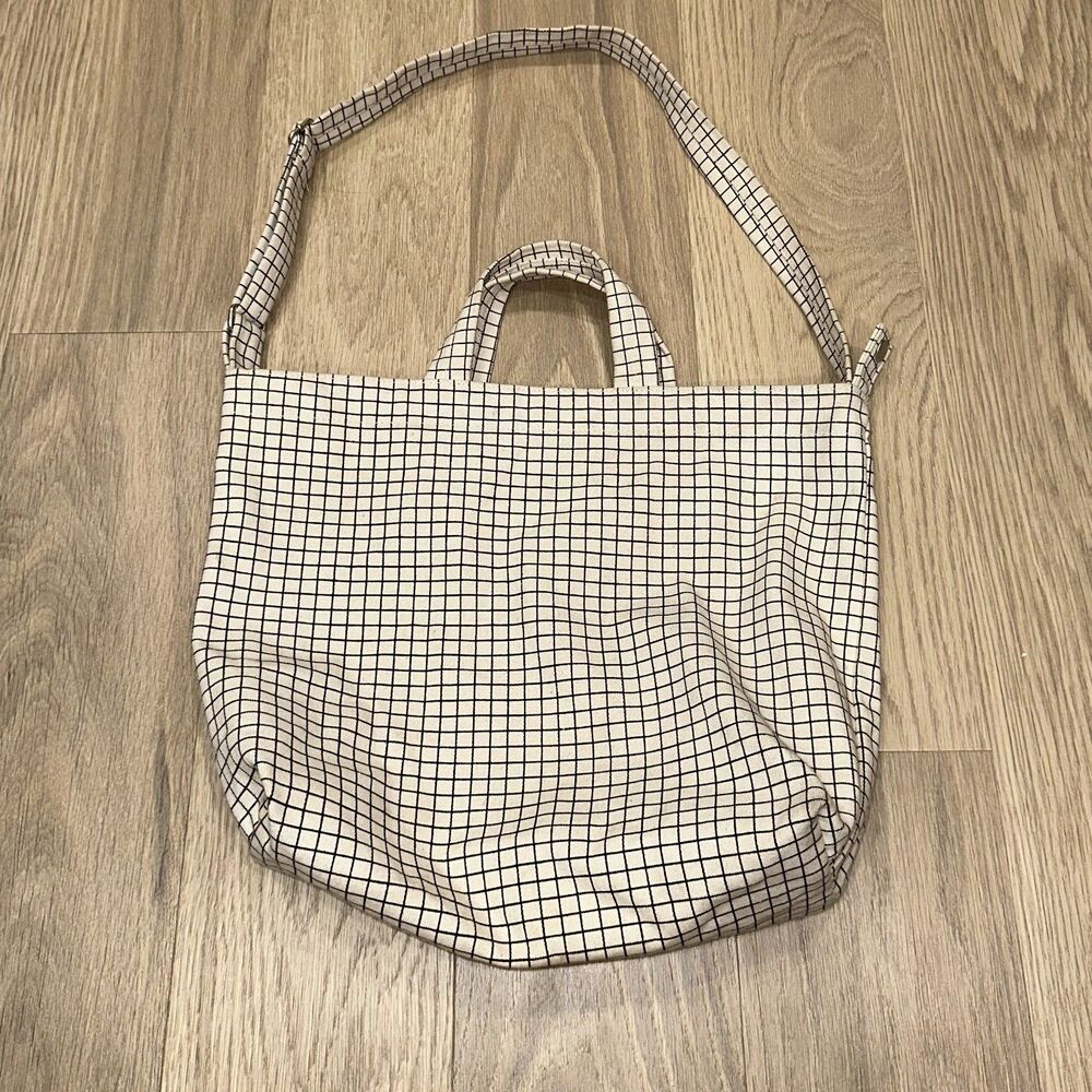 BAGGU Natural Grid Duck Tote Bag Snap Closure 16x13